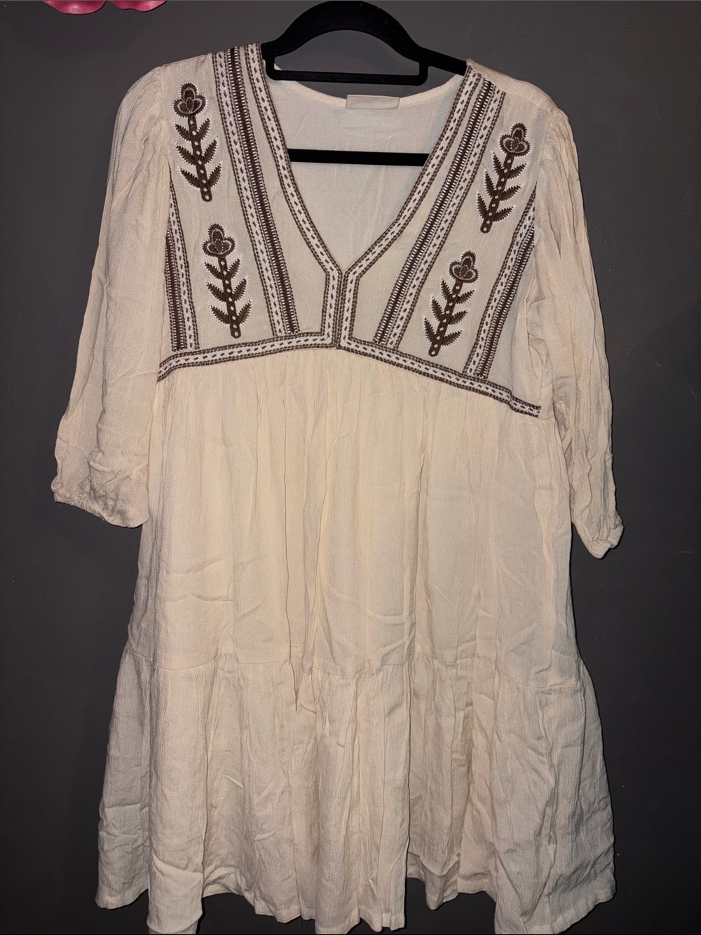 Cream Boho V-Neck Embroidered Women's Dress